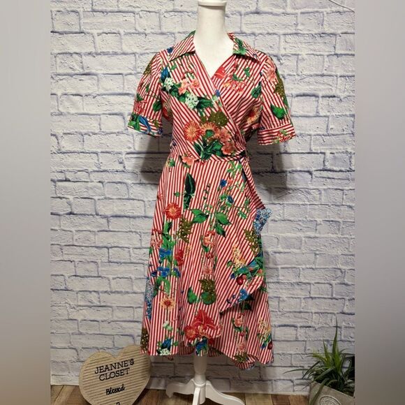 Calvin Klein Floral Striped Wrap Dress  High Low Red Pinstripe Pinup Size 8 - Picture 5 of 10